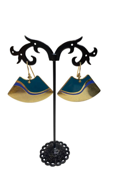 Vintage Signed Laurel Burch Fan Shaped Cloisonne 1.5" Dangle Earrings Goldtone Purple Teal