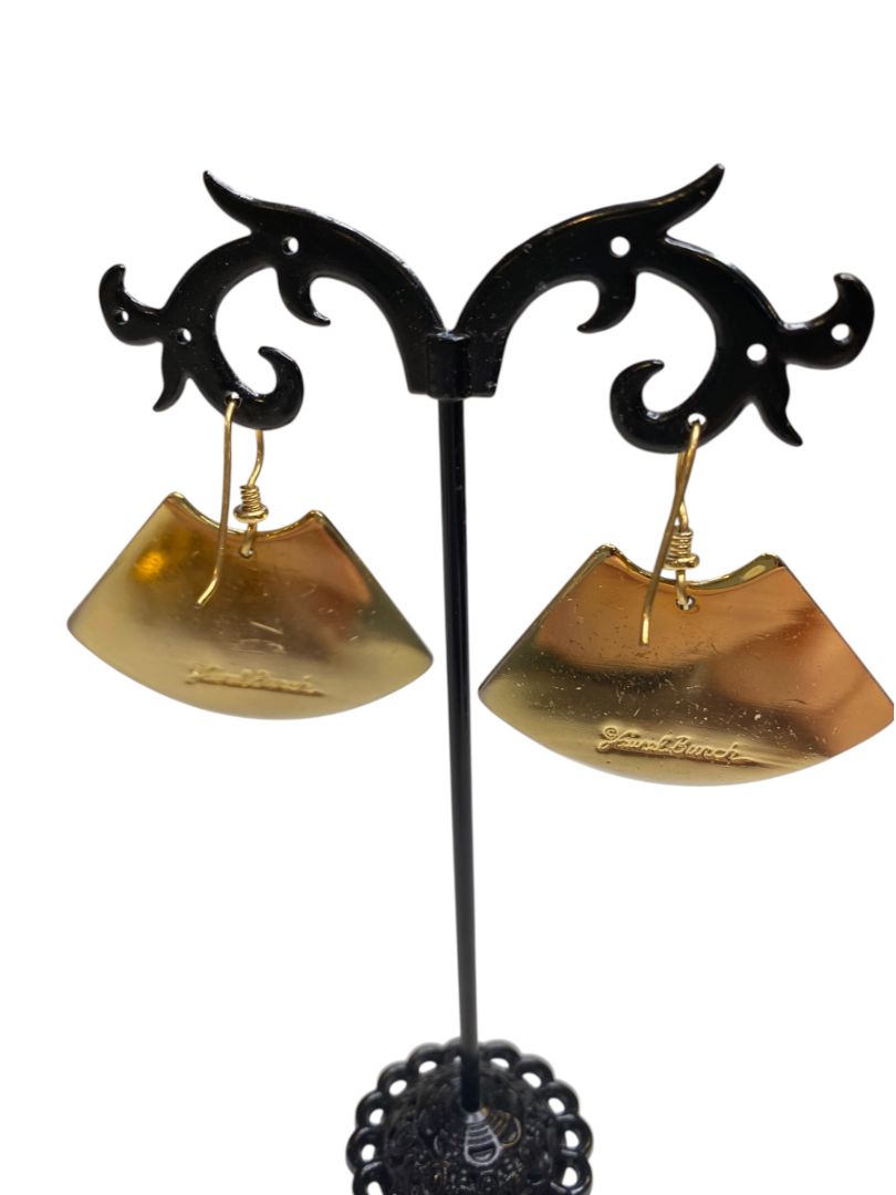 Vintage Signed Laurel Burch Fan Shaped Cloisonne 1.5" Dangle Earrings Goldtone Purple Teal