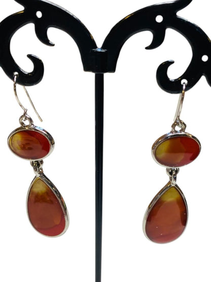 Silvertone Pierced Fishhook Earrings Orange Yellow Resin 2" Drop