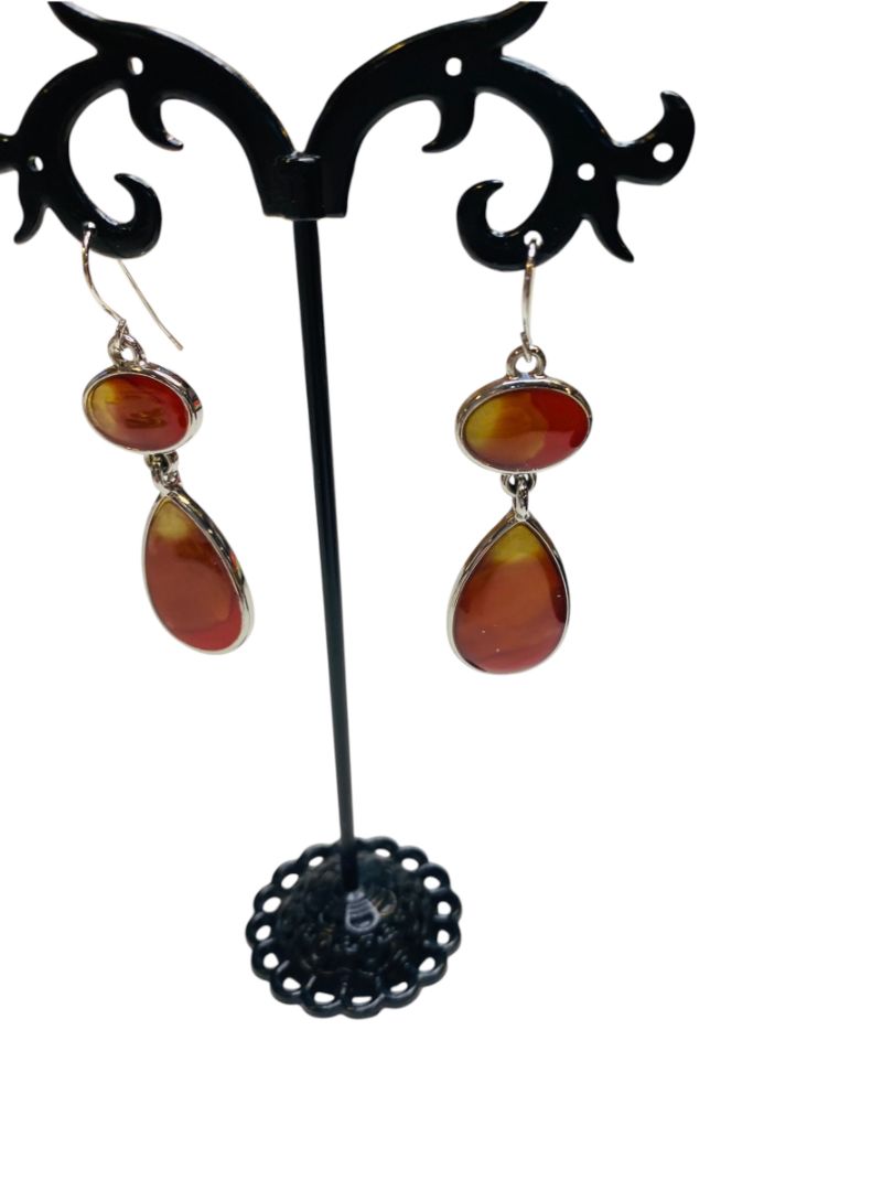 Silvertone Pierced Fishhook Earrings Orange Yellow Resin 2" Drop