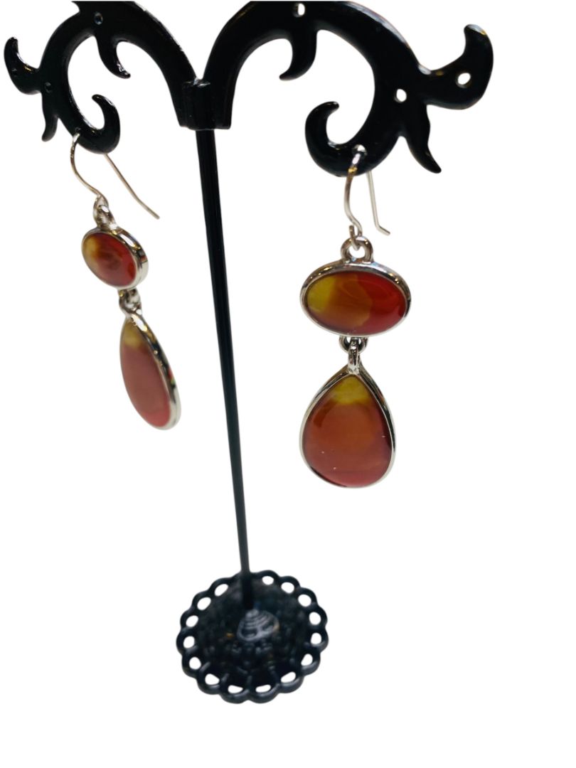 Silvertone Pierced Fishhook Earrings Orange Yellow Resin 2" Drop