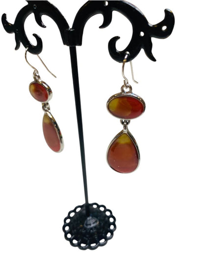Silvertone Pierced Fishhook Earrings Orange Yellow Resin 2" Drop