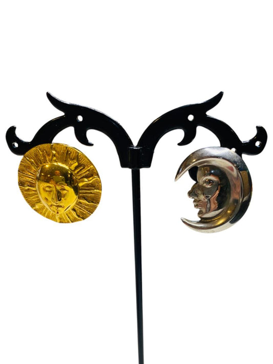 Silvertone Moon and Goldtone Sun Post Pierced Earrings 1" Diameter