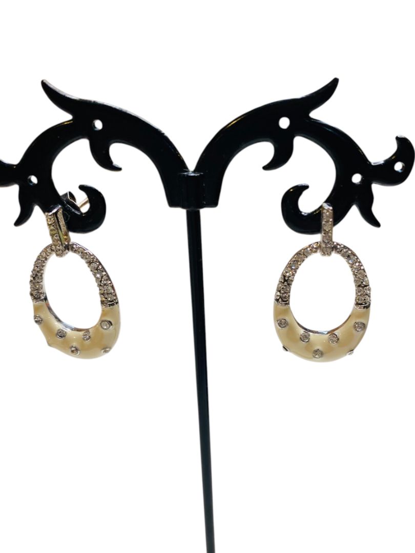 Silvertone and Ivory Color Enameled Sparkly Pierced Earrings 1.25" Drop