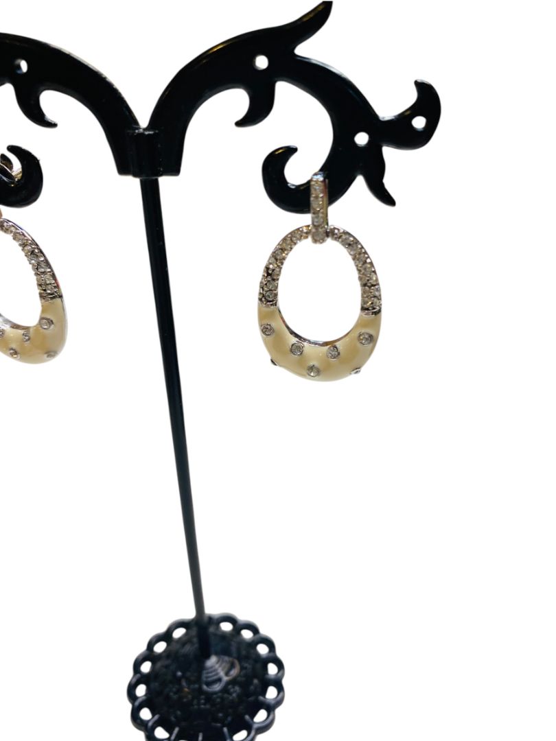 Silvertone and Ivory Color Enameled Sparkly Pierced Earrings 1.25" Drop