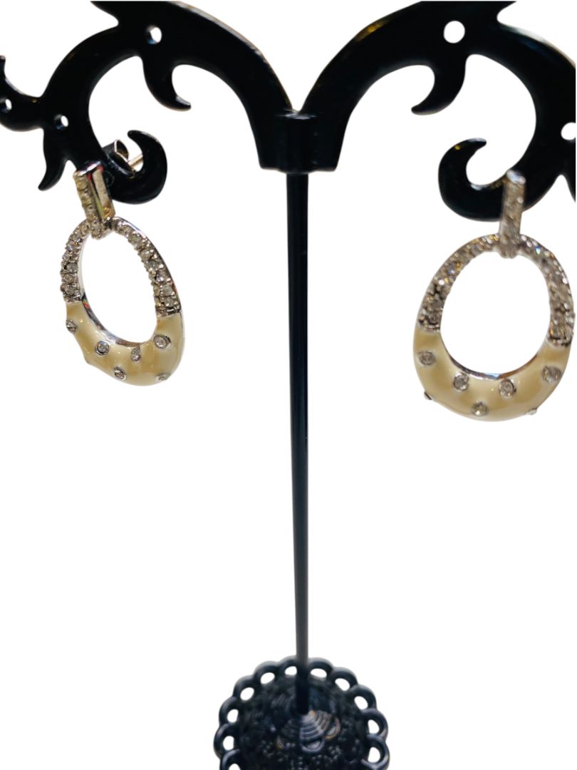 Silvertone and Ivory Color Enameled Sparkly Pierced Earrings 1.25" Drop