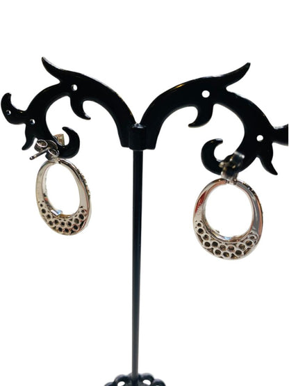 Silvertone and Ivory Color Enameled Sparkly Pierced Earrings 1.25" Drop