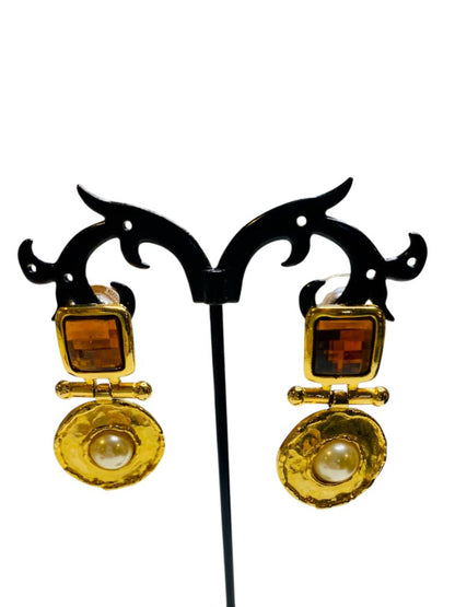 Goldtone and Amber Color Hinged 1.5" Drop Earrings Post Pierced