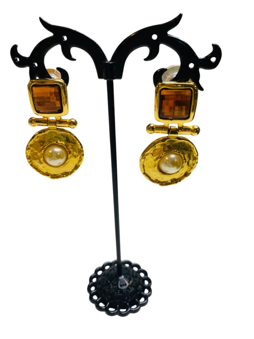 Goldtone and Amber Color Hinged 1.5" Drop Earrings Post Pierced