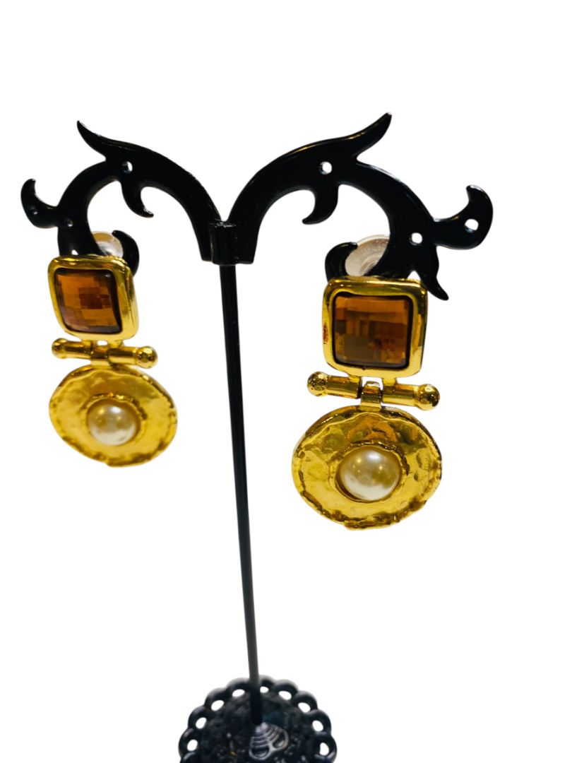 Goldtone and Amber Color Hinged 1.5" Drop Earrings Post Pierced