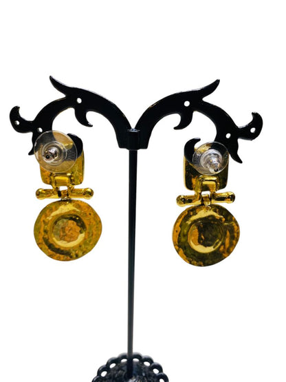 Goldtone and Amber Color Hinged 1.5" Drop Earrings Post Pierced