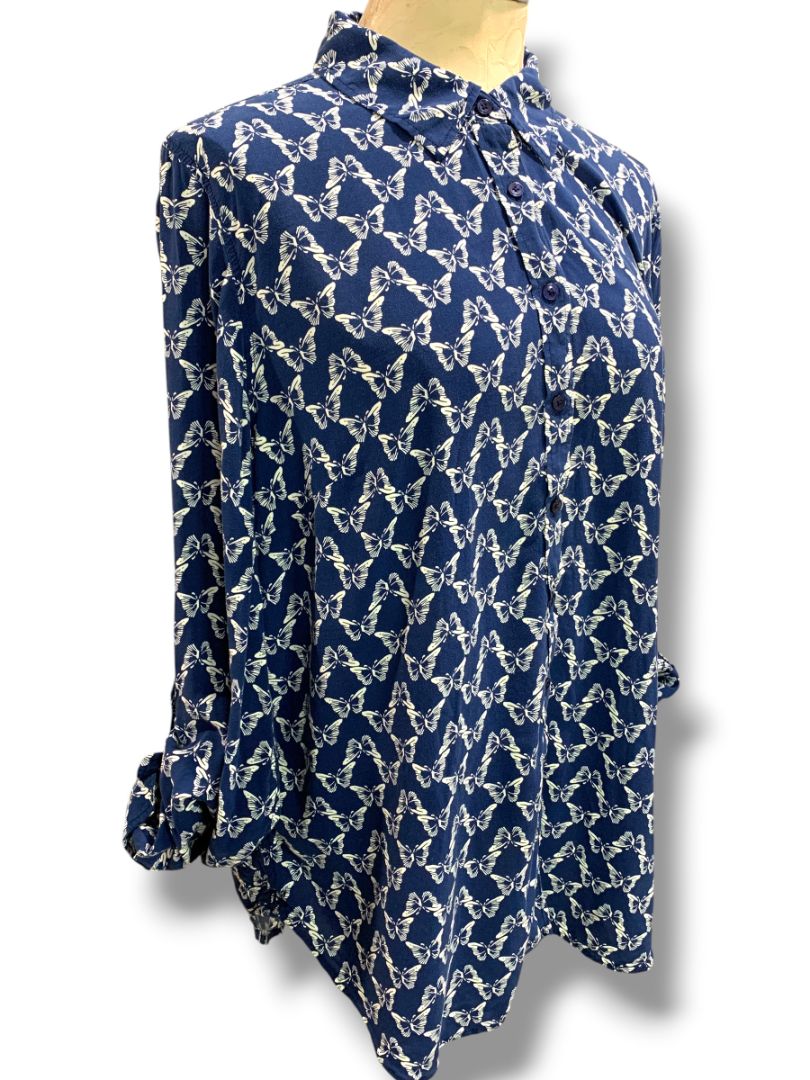 Size XL Talbots Womens Butterfly Print Button Up Shirt Blouse Navy Blue White