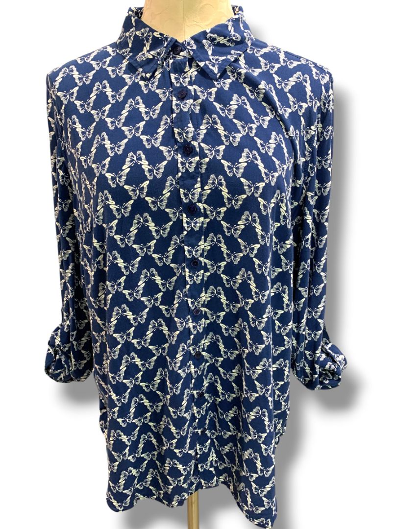 Size XL Talbots Womens Butterfly Print Button Up Shirt Blouse Navy Blue White