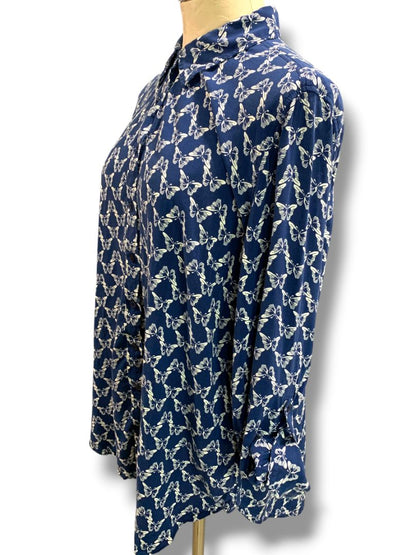 Size XL Talbots Womens Butterfly Print Button Up Shirt Blouse Navy Blue White