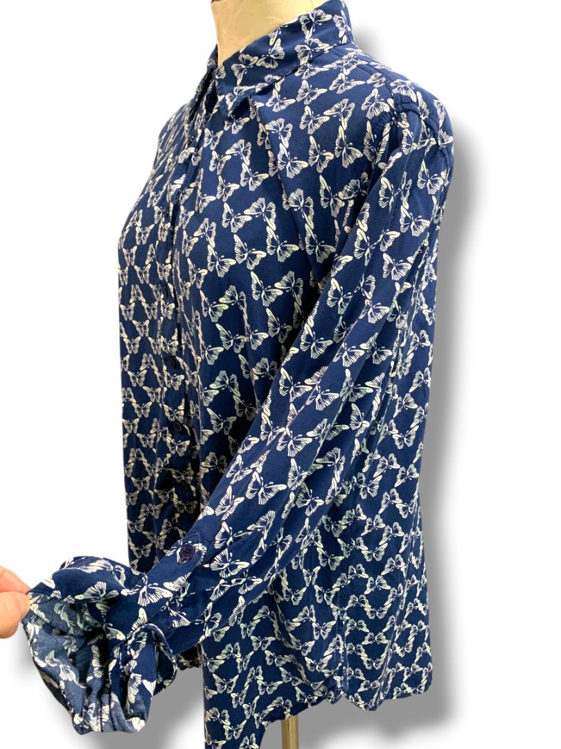 Size XL Talbots Womens Butterfly Print Button Up Shirt Blouse Navy Blue White