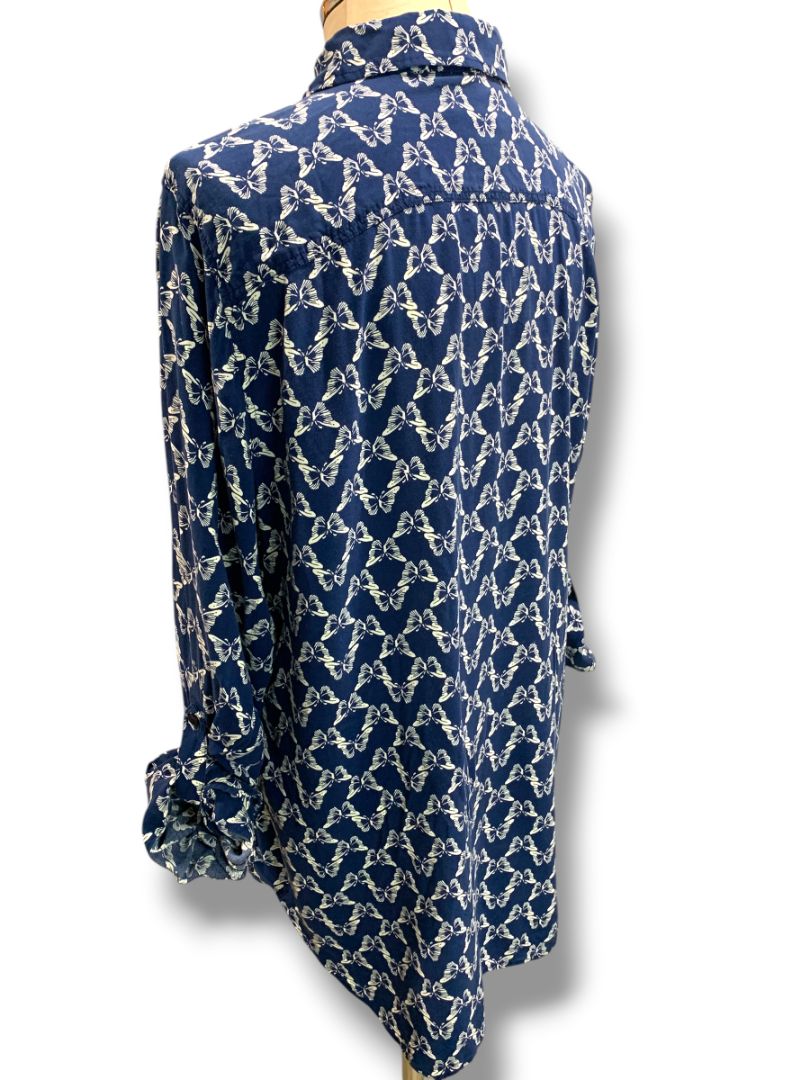 Size XL Talbots Womens Butterfly Print Button Up Shirt Blouse Navy Blue White