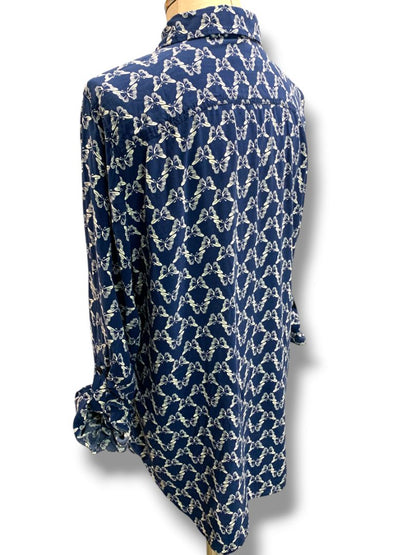 Size XL Talbots Womens Butterfly Print Button Up Shirt Blouse Navy Blue White
