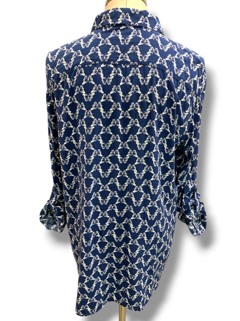 Size XL Talbots Womens Butterfly Print Button Up Shirt Blouse Navy Blue White