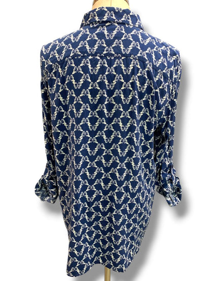 Size XL Talbots Womens Butterfly Print Button Up Shirt Blouse Navy Blue White