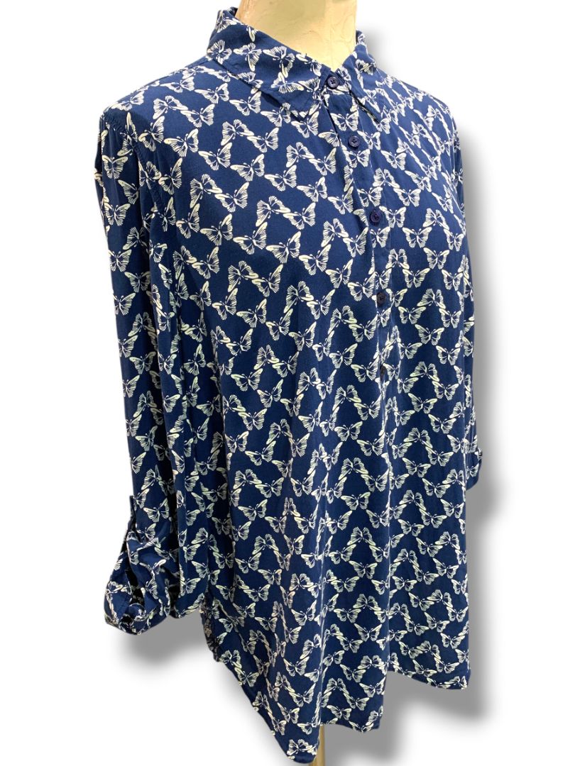 Size XL Talbots Womens Butterfly Print Button Up Shirt Blouse Navy Blue White