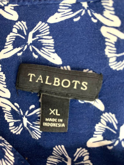 Size XL Talbots Womens Butterfly Print Button Up Shirt Blouse Navy Blue White