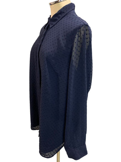 Size XL Talbots Womens Navy Blue Button Up Shirt Textured Dots Lined