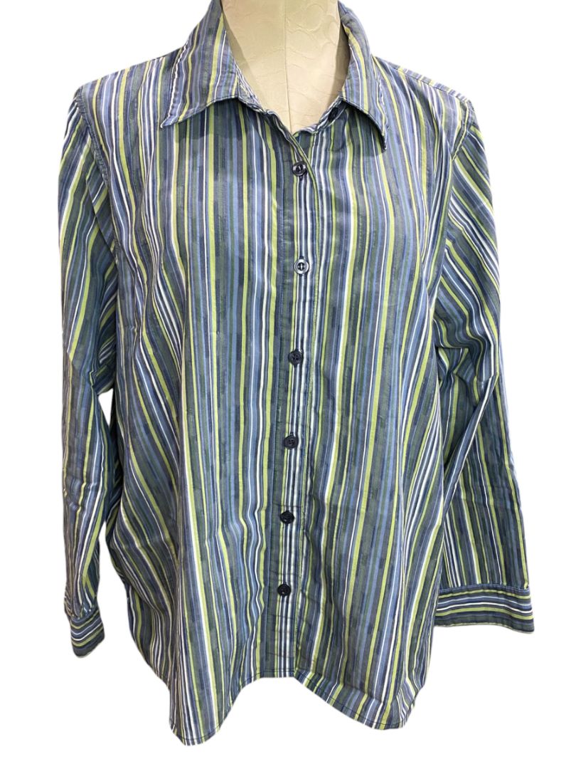 Size 2X Breckenridge Woman Striped Button Up Shirt Blue Green