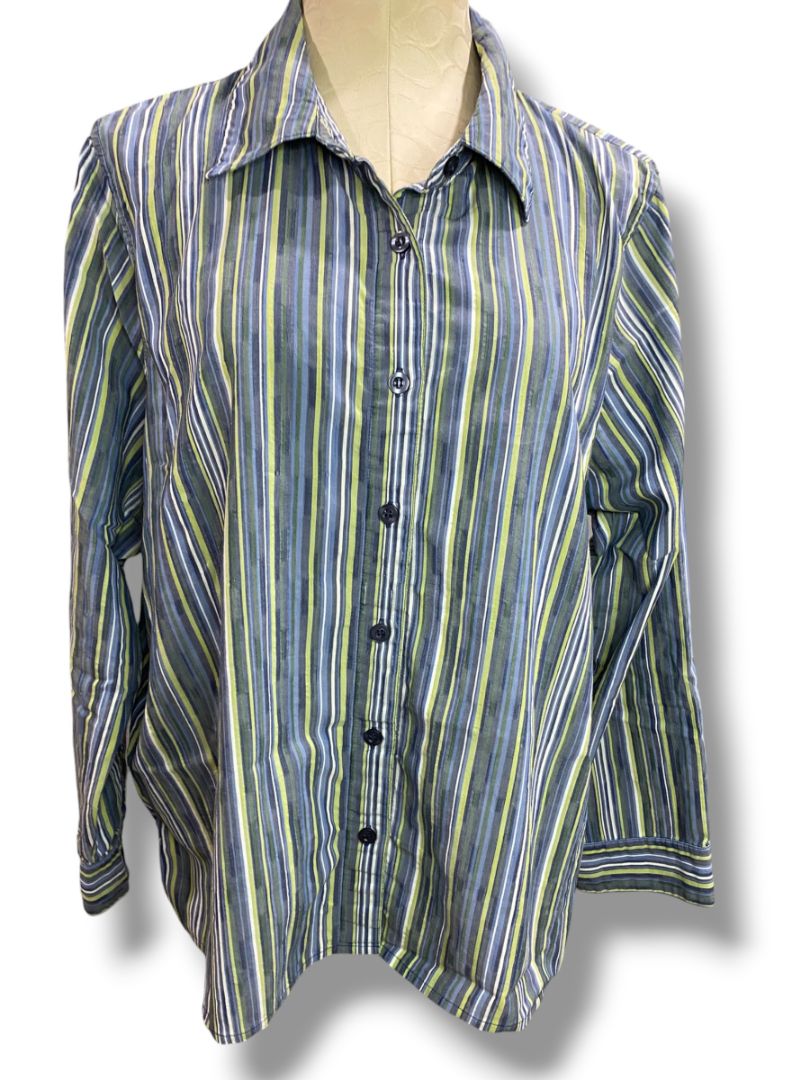 Size 2X Breckenridge Woman Striped Button Up Shirt Blue Green