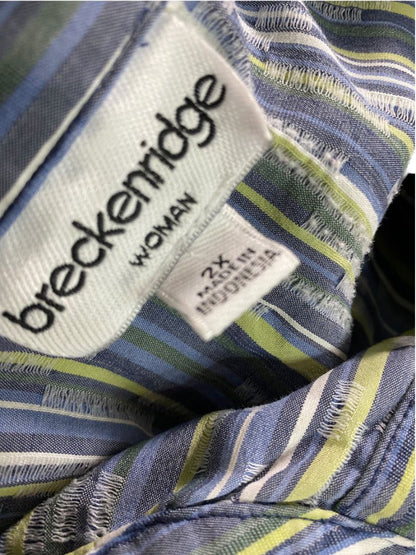 Size 2X Breckenridge Woman Striped Button Up Shirt Blue Green