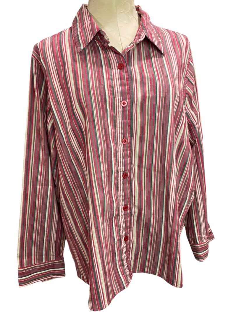 Size 2X Breckenridge Woman Striped Button Up Shirt Red Gray