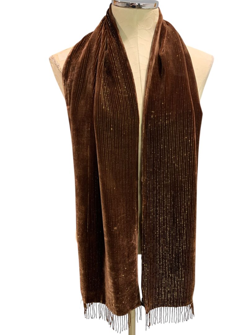 Valerie Stevens Double Faced Brown Beaded Fringe Scarf Silk Blend Gold Metallic