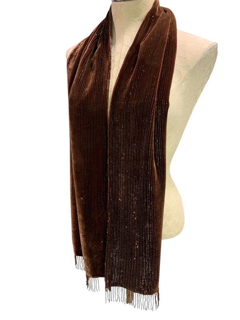Valerie Stevens Double Faced Brown Beaded Fringe Scarf Silk Blend Gold Metallic