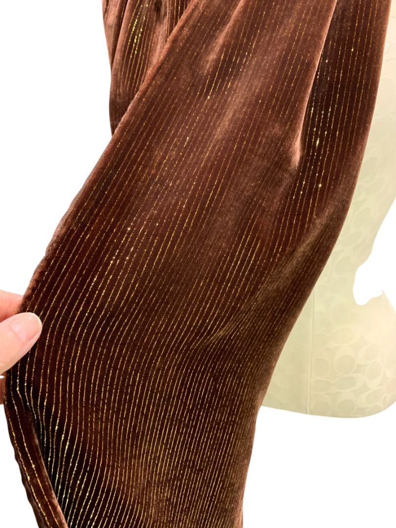 Valerie Stevens Double Faced Brown Beaded Fringe Scarf Silk Blend Gold Metallic