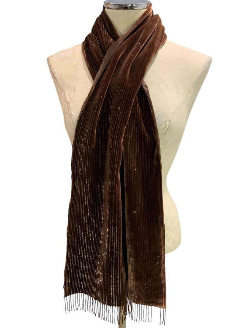 Valerie Stevens Double Faced Brown Beaded Fringe Scarf Silk Blend Gold Metallic
