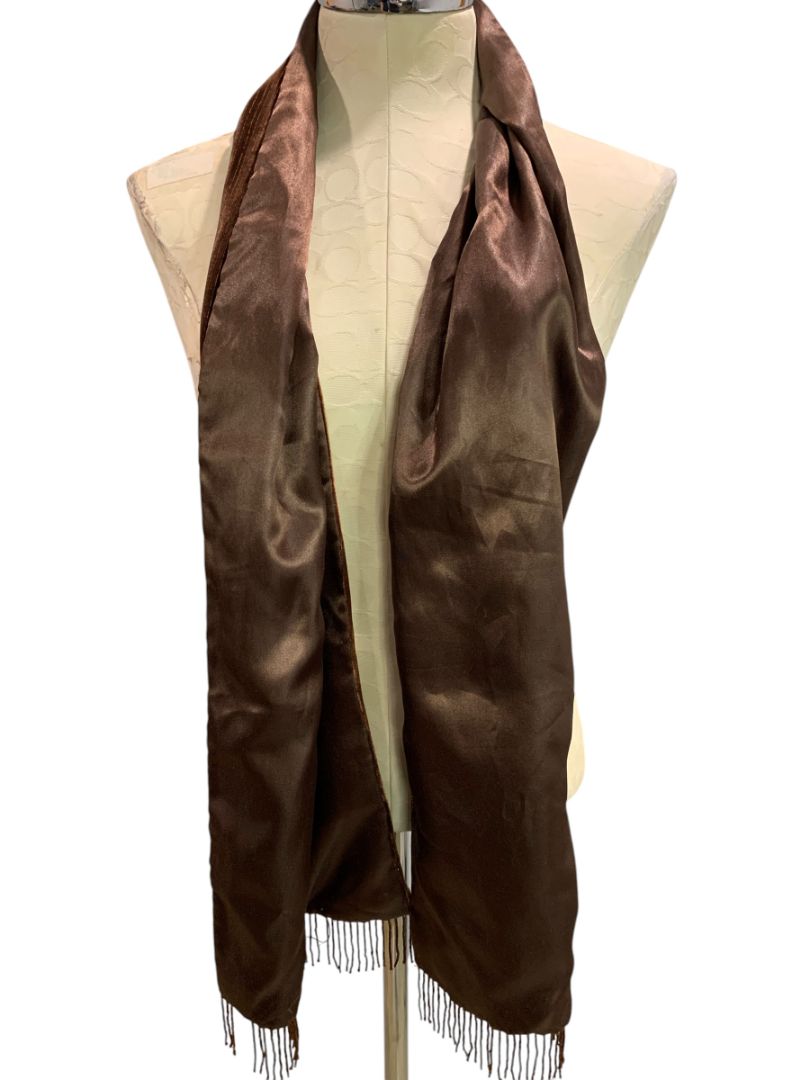 Valerie Stevens Double Faced Brown Beaded Fringe Scarf Silk Blend Gold Metallic
