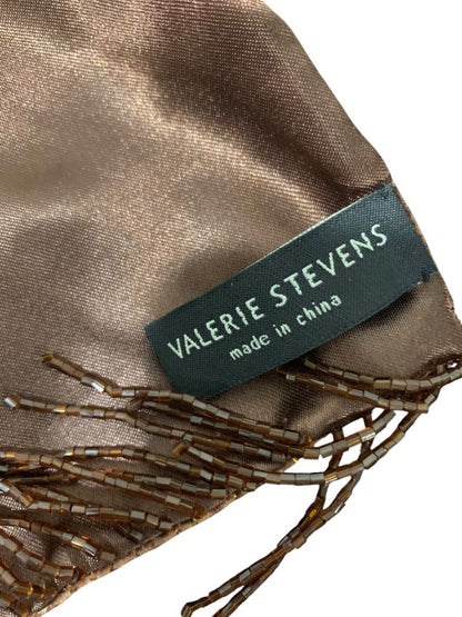 Valerie Stevens Double Faced Brown Beaded Fringe Scarf Silk Blend Gold Metallic