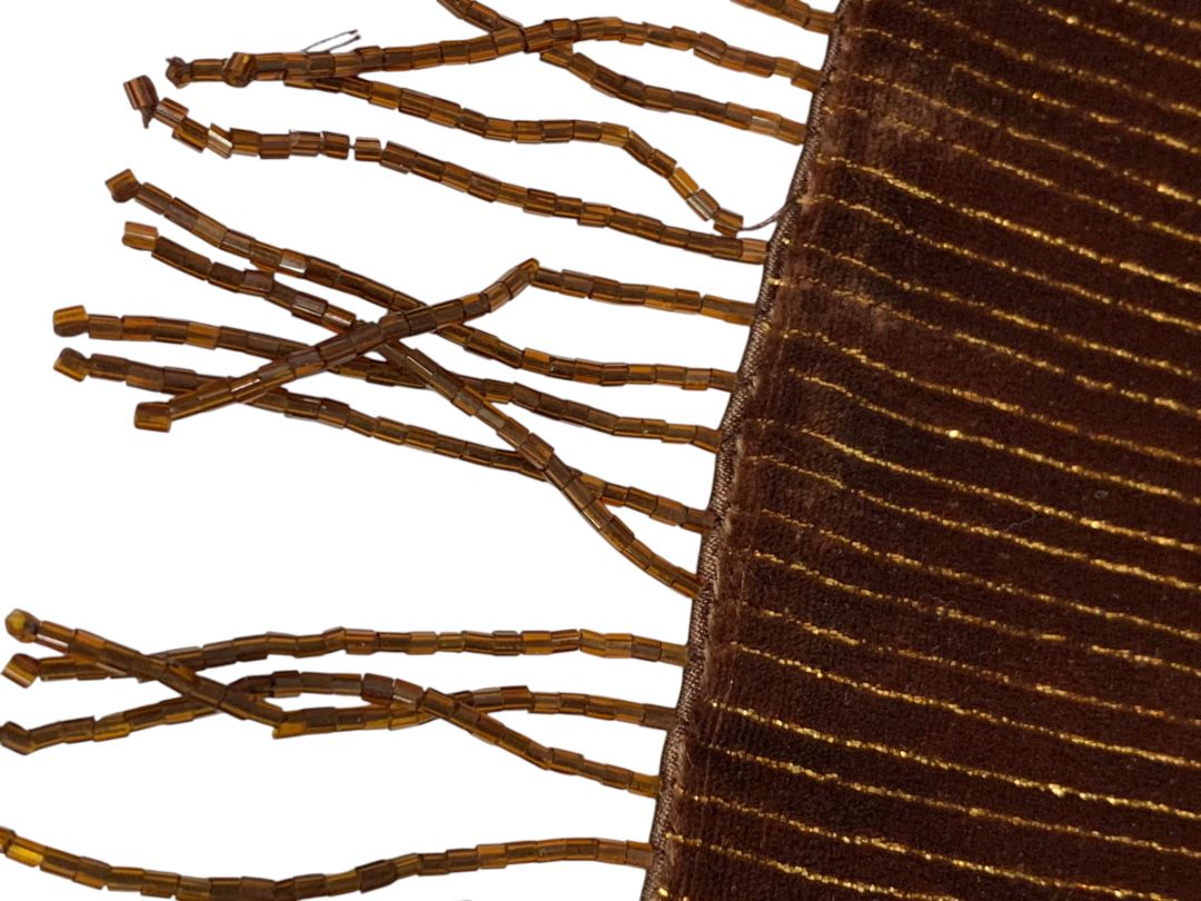 Valerie Stevens Double Faced Brown Beaded Fringe Scarf Silk Blend Gold Metallic