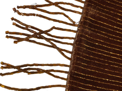 Valerie Stevens Double Faced Brown Beaded Fringe Scarf Silk Blend Gold Metallic