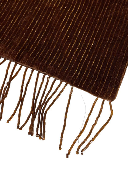 Valerie Stevens Double Faced Brown Beaded Fringe Scarf Silk Blend Gold Metallic