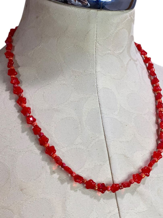 Beaded Red Necklace Stars Pink Spacers Barrel Clasp 22"