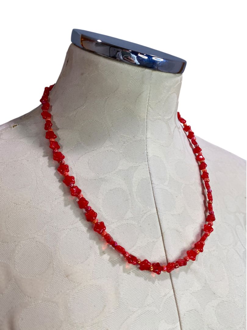 Beaded Red Necklace Stars Pink Spacers Barrel Clasp 22"