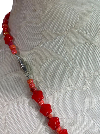 Beaded Red Necklace Stars Pink Spacers Barrel Clasp 22"