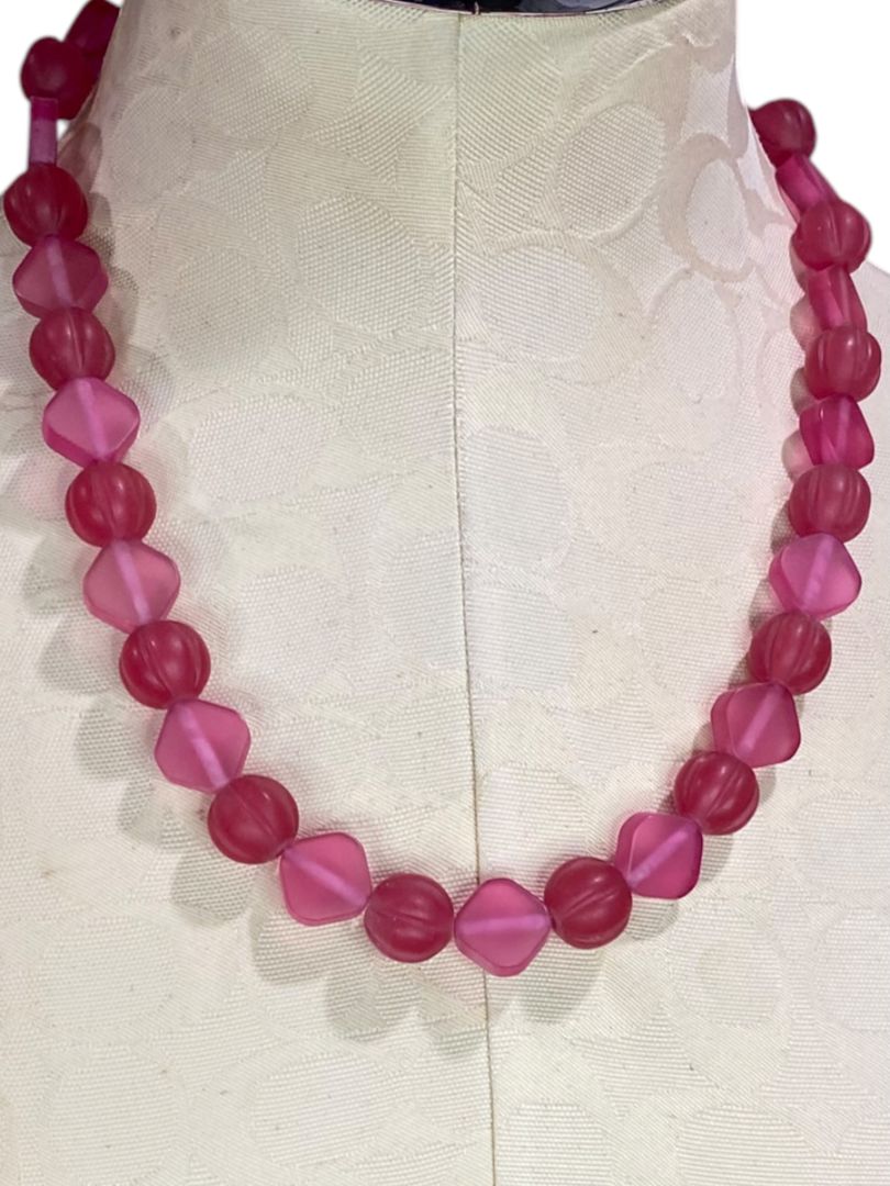 Dark Pink Frosted Acrylic Beaded Necklace Chunky Mixed 22.5"