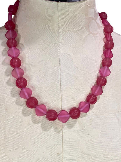 Dark Pink Frosted Acrylic Beaded Necklace Chunky Mixed 22.5"