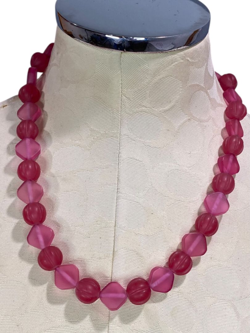 Dark Pink Frosted Acrylic Beaded Necklace Chunky Mixed 22.5"