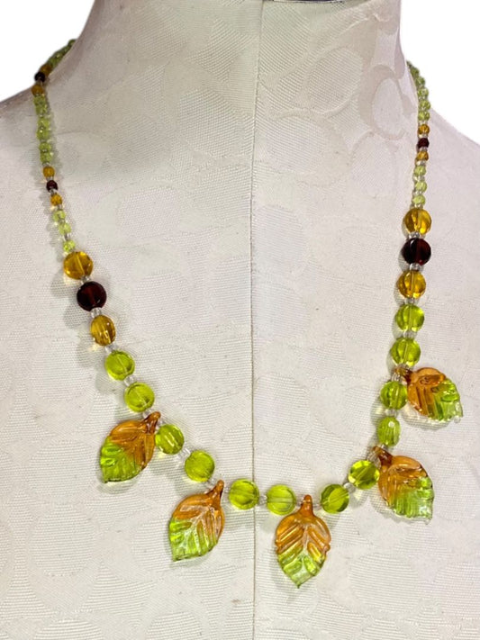 Green Brown Beaded Leaf Necklace Magnetic Clasp 23"