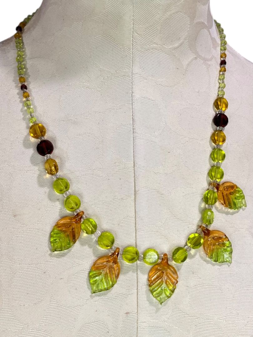 Green Brown Beaded Leaf Necklace Magnetic Clasp 23"
