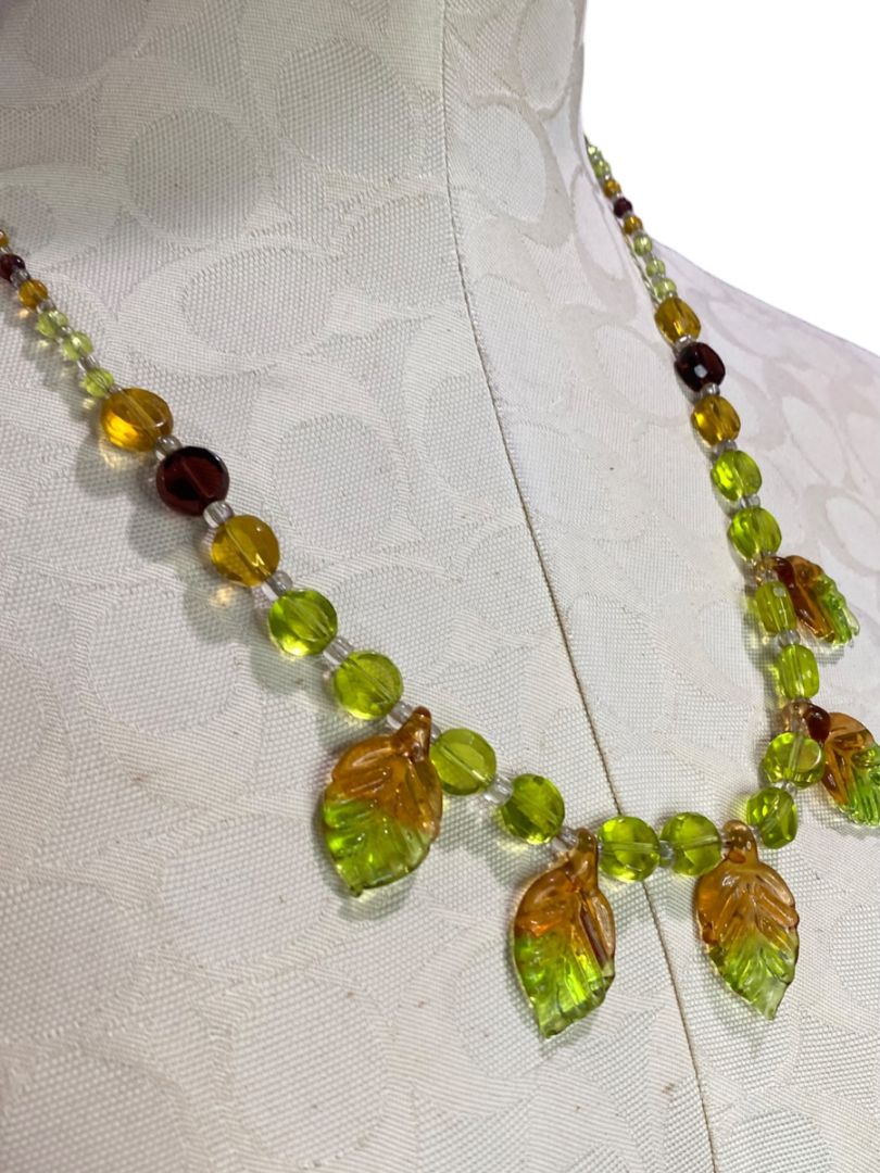 Green Brown Beaded Leaf Necklace Magnetic Clasp 23"