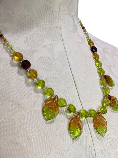 Green Brown Beaded Leaf Necklace Magnetic Clasp 23"