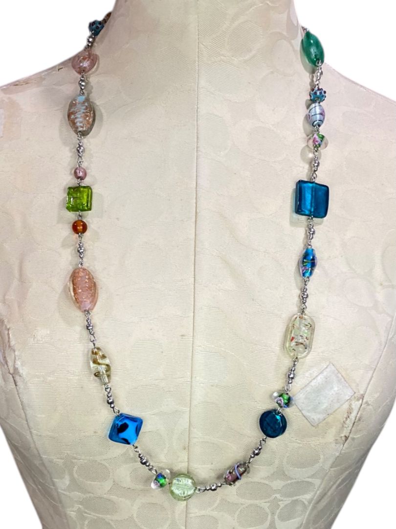 Premier Designs Murano Foil Beaded Necklace Multicolor Silvertone 33-36"
